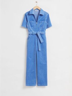 & Other Stories Blue Short‑Sleeve Corduroy Jumpsuit with Belt